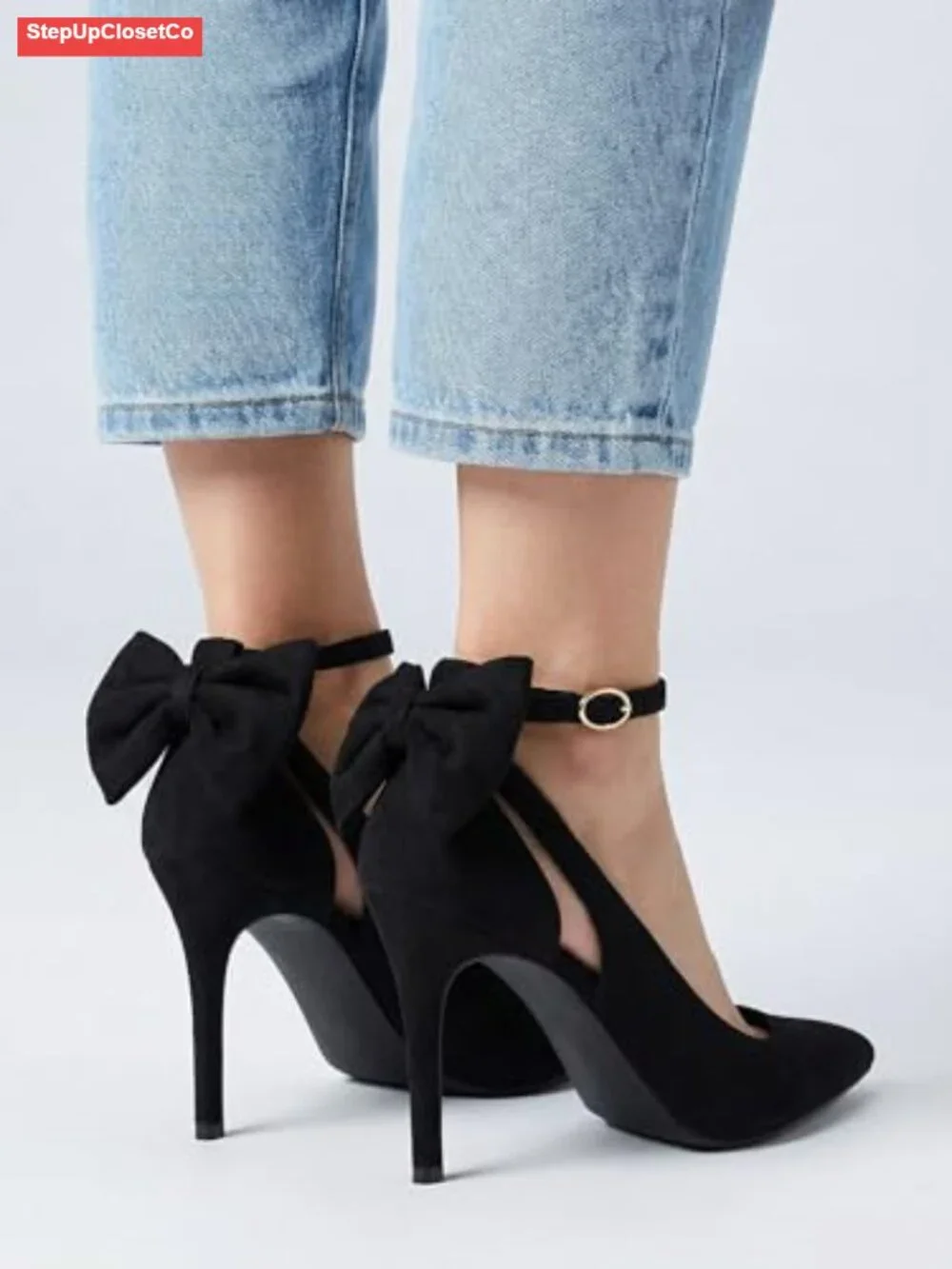Women's Pointed Toe Bow Tie High Heels Ankle Strap Wedding Pumps - 4 Inch